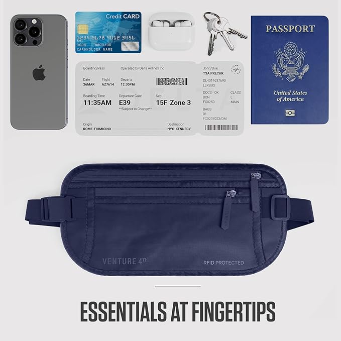 VENTURE 4TH Money Belt for Travel – Hidden Under-Clothes RFID Blocking Passport Holder & Slim Travel Wallet Pouch for Men & Women to Protect Cash, Cards & Documents (Sleek Navy Blue)
