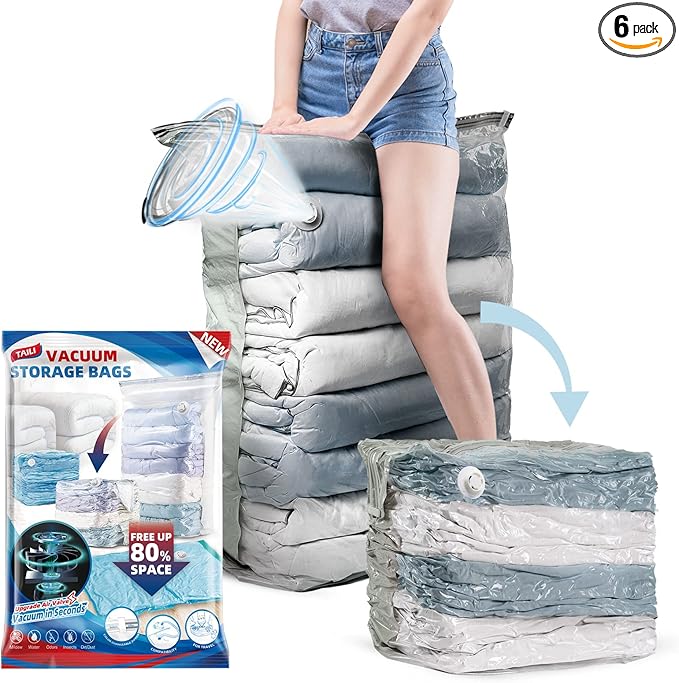 TAILI 6 Pack Vacuum Storage Bags, Jumbo Cube (31x40x15 Inch), Extra Large Vacuum Seal Bags for Clothing, Comforters, Blankets, Pillow, Bedding, Closet Organization Space Saving, Cream