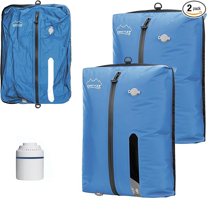 ONTYZZ Vacuum Bags for Travel, Reusable Vacuum Compression Bag, Recycled IPX8 Waterproof Space Saver Bag for Luggage/Camping/Home Storage (2 Pack with Air Pump-Blue)