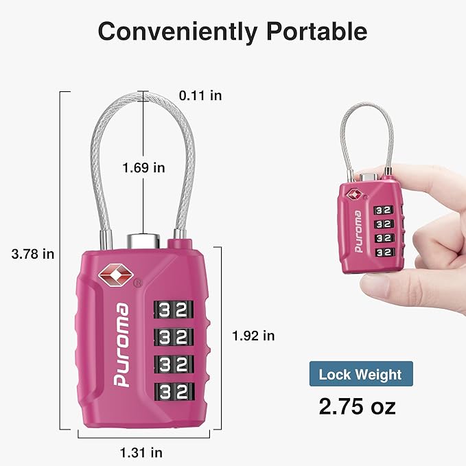 Puroma 2 Pack TSA Approved Luggage Locks, 4 Digit Combination Travel Cable Locks Resettable Code Lock with Zinc Alloy Body for Suitcase, Toolbox, Backpack, Bag, Gym Locker (Basic Pink Dark)