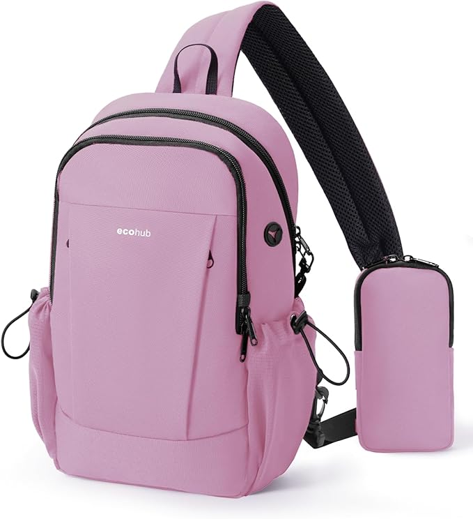 ECOHUB Anti-Theft Crossbody Bag Men Women, RFID Blocking Lightweight Sling Backpack Eco-Friendly with 9 Pockets Sturdy SBS Zippers Water Resistant for Travel Work Hiking Outdoor, Pink