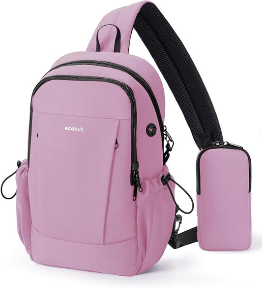 ECOHUB Anti-Theft Crossbody Bag Men Women, RFID Blocking Lightweight Sling Backpack Eco-Friendly with 9 Pockets Sturdy SBS Zippers Water Resistant for Travel Work Hiking Outdoor, Pink