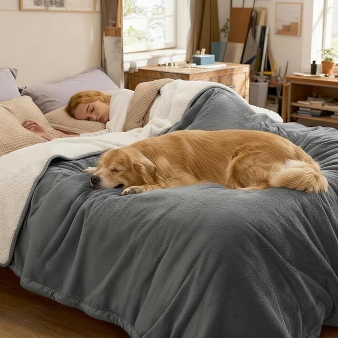 Tisancy Waterproof Gray Blanket for Dog Cat Puppy, 80'' x 60'' Double Side Leakproof Reversible Double Side Sherpa Flannel Fleece 3 Layer Lightweight Blanket, Absorb50oz(Gray/White), Machine Washable
