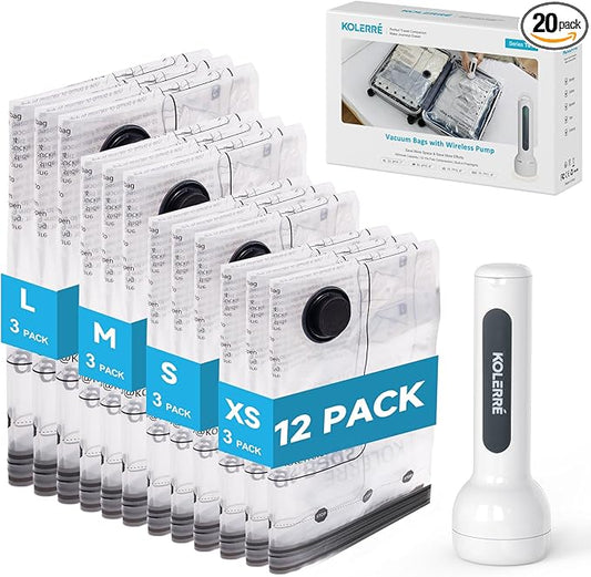 12 Pack Travel Vacuum Bags with Cordless Electric Pump, 4 Sizes Space Saver Vacuum Storage Bags for Luggage and Suitcase,Compression Bags for Packing, Vacuum Seal Bags for Clothing Travel