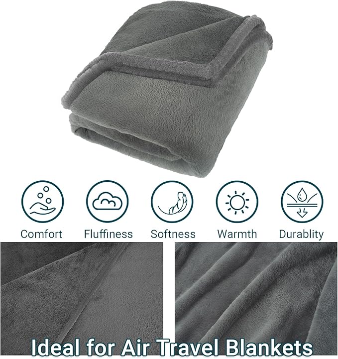 Travel Blanket and Pillow Set for Airplane, 300 GSM Soft Fleece Compact Travel Blanket with Inflatable Pillow and Carry Bag, 60x43 Inches, Grey