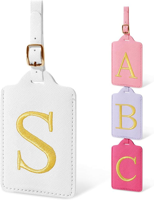 Personalized Initial Luggage Tags for Suitcases, Cute PU Leather Embroidered Letter Travel Luggage Tags, Suitcase Identifier Name Baggage Tag, Bag Tags for Men Women Kids Luggage Handbags(White S)
