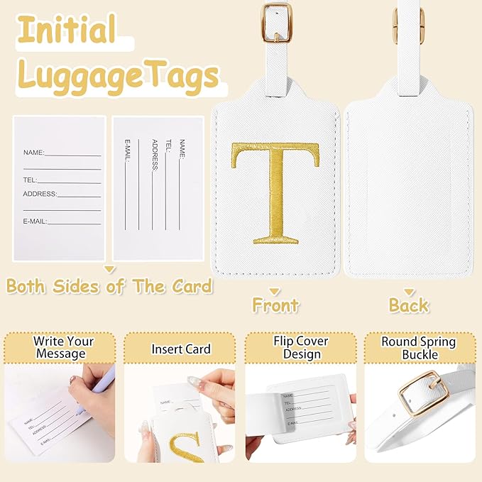 Initial Letter Luggage Tag for Suitcase, Cute Luggage Bag, Waterproof PU Leather Travel Luggage Tag, Suitcase Identifier Name Tag, Monogrammed Suitcases Tags, Bag Tags for Handbags(White T)