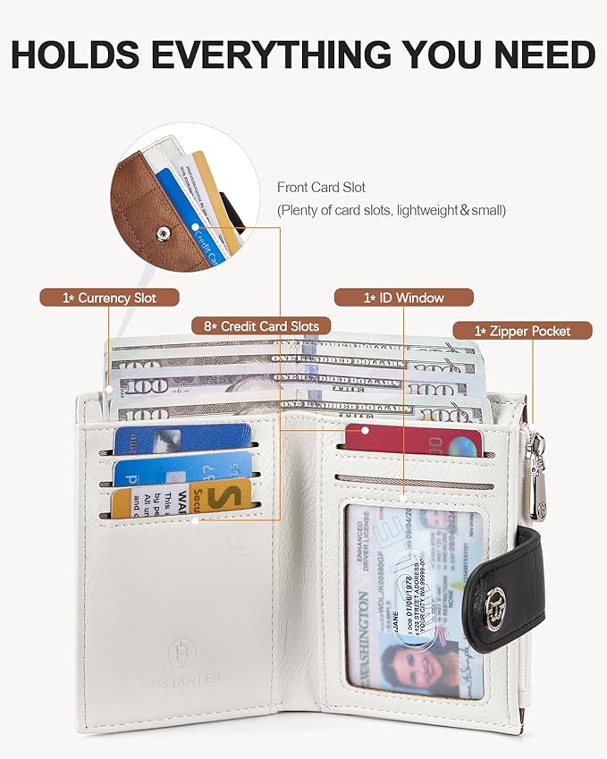 BOSTANTEN Small Wallet for Women Leather RFID Blocking Card Holder Bifold Compact Wallets With Zipper Coin Pocket Brown＆Beige＆Black