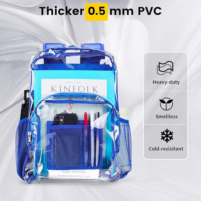 Vorspack Clear Backpack Heavy Duty PVC Transparent Backpack with Reinforced Strap Stitches & Large Capacity for College Workplace Security -Blue