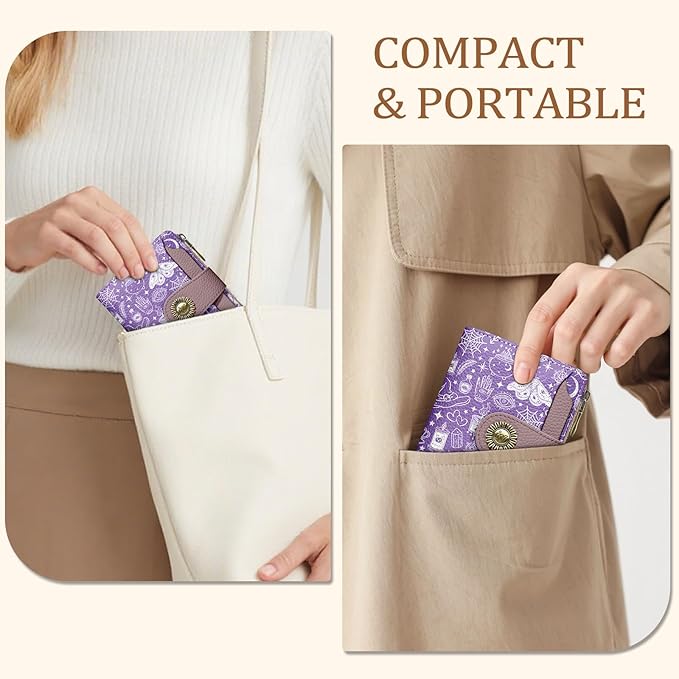 Icycay Goth Gothic Small Wallet Women RFID Blocking Bifold, Credit Card Holder, Zipper Coin Pocket, Witchy Magic, PU Leather, Compact, Travel, 4 ID Window, 14 Card Slots, Cash Purse, Ladies Woman