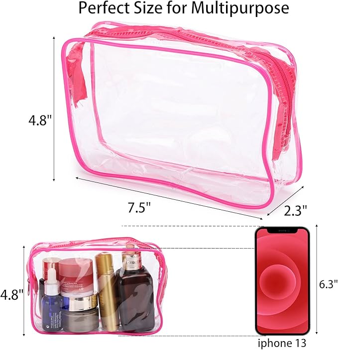 Tbestmax 10 Pcs Clear Cosmetic Bags Small Makeup Bags Portable Waterproof Travel Toiletry Bags Organizer Rose Red, 7.5"x 4.8"x 2.3"