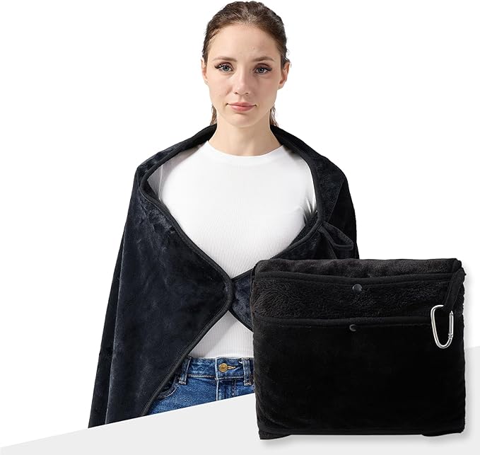 Travel Blanket with Carry Bag, Lightweight Wearable Airplane Blanket, Soft Packable Throw for Travel & Office Black
