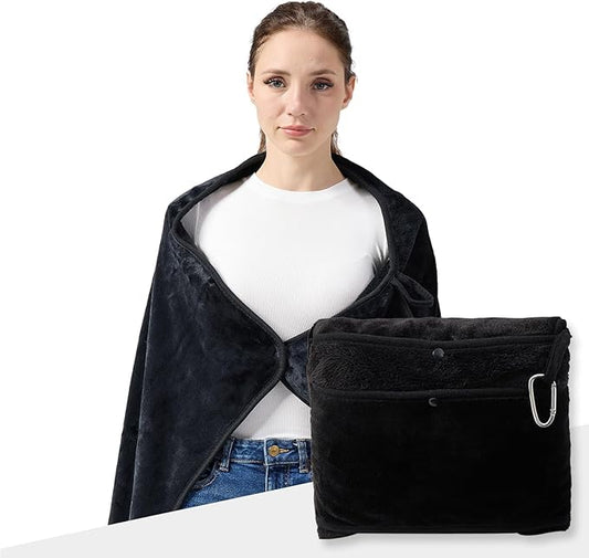 Travel Blanket with Carry Bag, Lightweight Wearable Airplane Blanket, Soft Packable Throw for Travel & Office Black