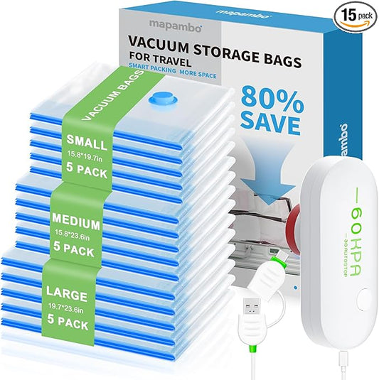 15 Pack Vacuum Seal Bags for Clothing Travel with -60000Pa USB Pump, Save 80% of Space for Clothes (15 Combo)