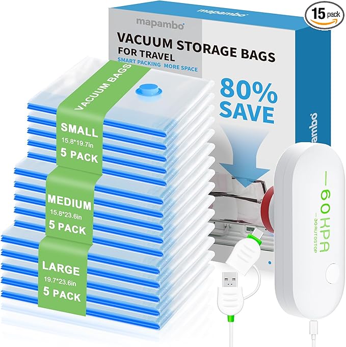 Mapambo 15 Pack Vacuum Storage Bags with -60000Pa USB Pump, Vacuum Seal Bags for Clothing Travel, Space Saver Vacuum Seal Bags for Clothing, Save 80% of Space for Clothes (15 Combo Size)
