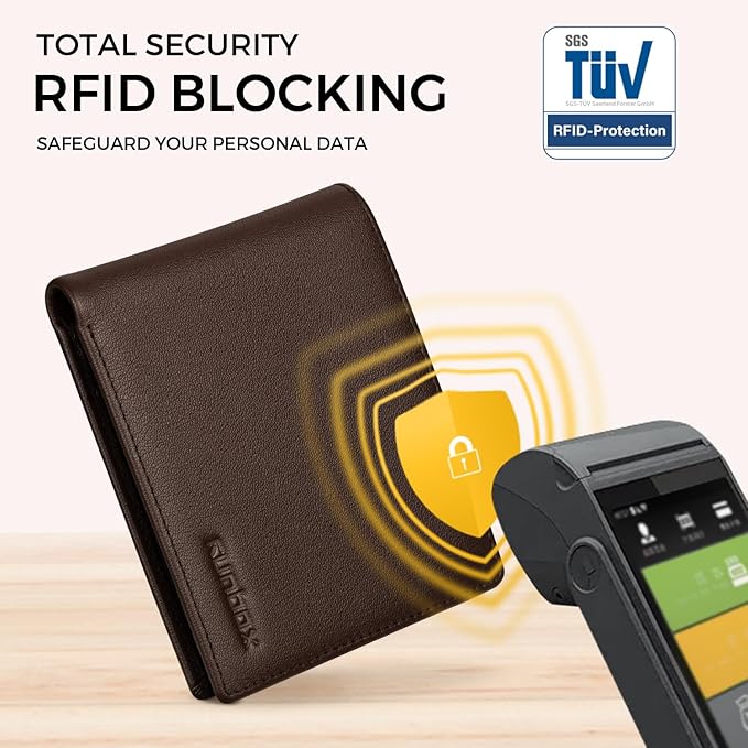 RUNBOX Leather Wallet for Men, Genuine Leather Mens Wallet Bifold Rfid Blocking with 12 Cards and 2 ID Windows, Minimalist Wallet for Men with Gift Box