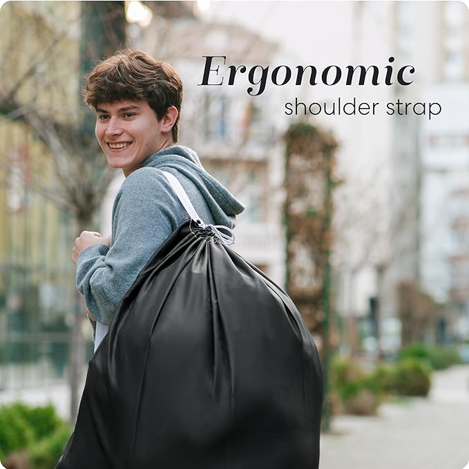 Handy Laundry Bag Shoulder Strap Extra Large - Drawstring Locking Closure, Durable Material, Heavy Duty Stitching, Hands Free Carrying - Perfect College Dorm (Black, 30" x 40")