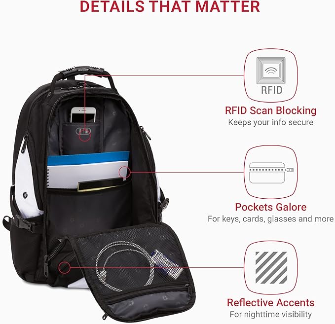 SWISSGEAR 1900 ScanSmart TSA Laptop Backpack Fits 17 Inch Laptop with RFID Protection and Tablet Pocket, White/Black, 19-Inch