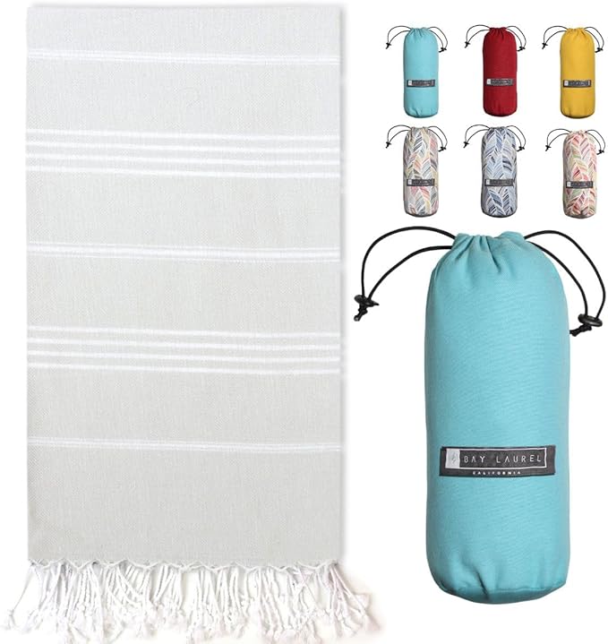 BAY LAUREL Turkish Beach Towel with Travel Bag 39 x 71 Quick Dry Sand Free Lightweight Large Oversized Towels Light
