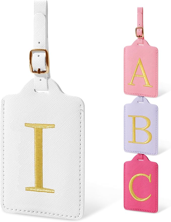 Initial Letter Luggage Tags for Suitcases, Embroidered Monogrammed Suitcase Luggage Identifier Name Tag, PU Leather TSA Approved Luggage Tags, Bag Tags for Men Women Kids Luggage Handbags(White I)