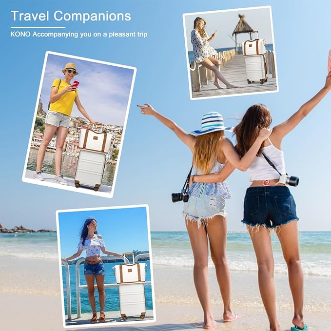Kono Luggage Set 4 Piece Carry On Hardside Luggage with TSA Lock Spinner Wheels Lightweight PC+ABS Carry On Suitcase Cream White