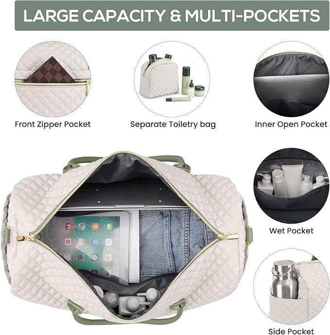Travel Weekender Duffle Bags for Women - Duffel Bag with Shoe Compartment Carry On Overnight Bag with Toiletry Bag with Wet Pocket for Gym Hospital Bags for Labor and Delivery Beige Green