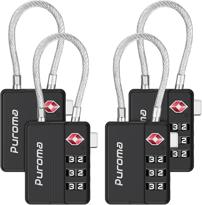 Puroma TSA Locks for Luggage, 4 Pack Cable Lightweight Luggage Locks TSA Approved 4-Digit Combination Padlock for Suitcases, Bags, Toolboxes, Backpacks & Gym Lockers (Black)