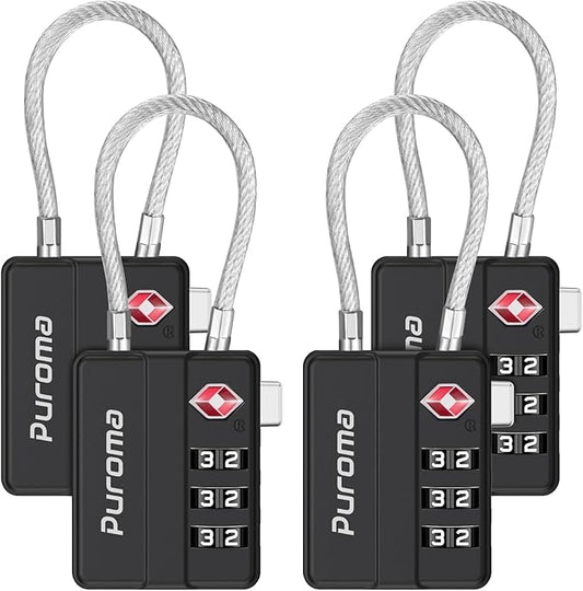 Puroma TSA Locks for Luggage, 4 Pack Cable Lightweight Luggage Locks TSA Approved 4-Digit Combination Padlock for Suitcases, Bags, Toolboxes, Backpacks & Gym Lockers (Black)