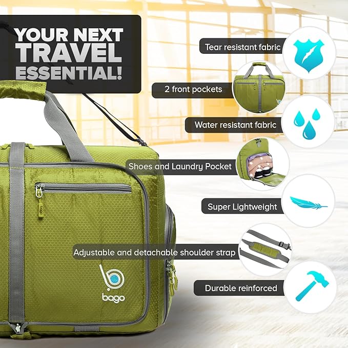 Bago Compact Duffle Bag for Travel Women & Men. Durable Lightweight Foldable Travel Duffel Bags For Traveling Women. 40L Duffle Bags a Reliable Weekender duffel or Overnight Bag With Shoe Compartment