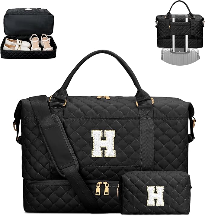 Gifts for Women Girls Initial Travel Duffle Bag Quilted Weekender Bags Carry-On Overnight with Cosmetic Bag, Gym Bag with Shoe Compartment, Black H