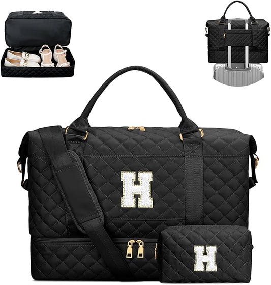 Gifts for Women Girls Initial Travel Duffle Bag Quilted Weekender Bags Carry-On Overnight with Cosmetic Bag, Gym Bag with Shoe Compartment, Black H