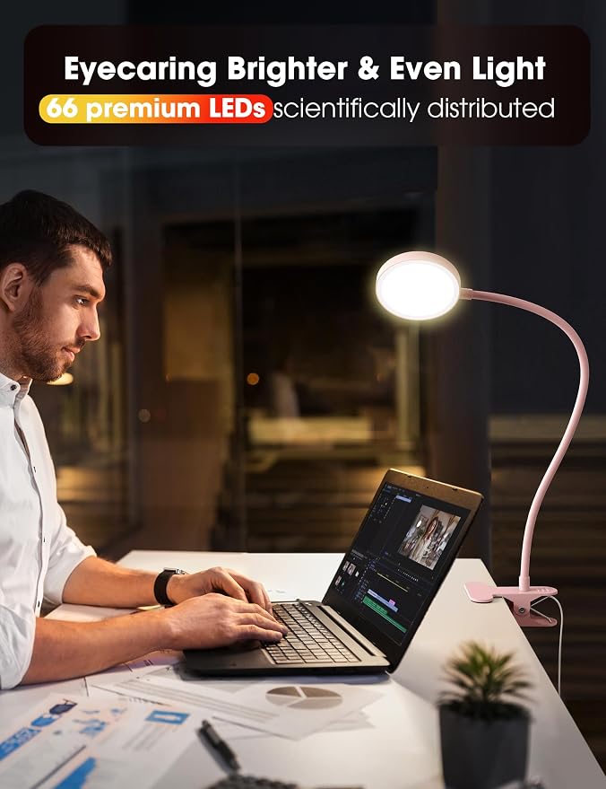 LiFMIRA Desk Lamp Clip on Light 8W 66 LED Reading Light for Bed Pink | 5 Colors 10 Dimming Levels, Eye Caring Metal Reading Lamp, Clip lamp for Bed Headboard Home Office