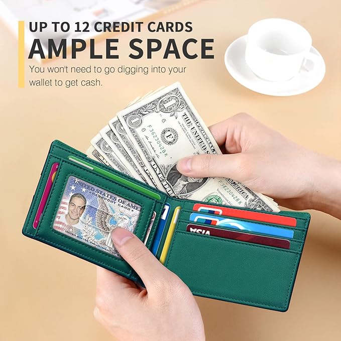 RUNBOX Wallet for Men Slim 11 Credit Card Holder Slots Leather RFID Blocking Small Thin Men's Wallet Bifold Minimalist Front Pocket Large Capacity Gift Box