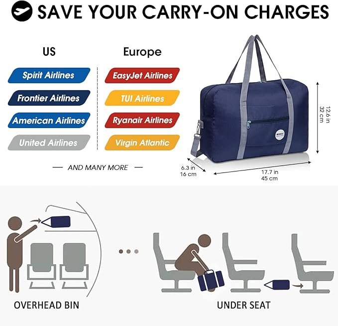 WANDF For Spirit Airlines Personal Item Bag 18x14x8 Travel Duffel Bag Underseat Foldable Carry-on Luggage for Women