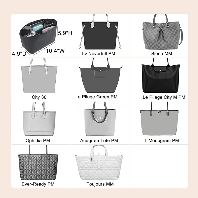 Doxo Purse Organizer Insert, Tote Bag Insert for LV Neverfull PM, C.oach City 30 and More, Ultra Lightweight Bag Organizer Insert with Zipper (Medium,Black)