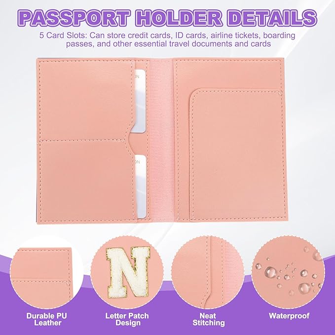 PATIKIL Passport Holder for Travel, Initial Passport Cover and Luggage Tag Set with Alphabet Chenille Letter Patch Travel Wallet Bag Suitcase Identifier for Women Family Travel Pink N