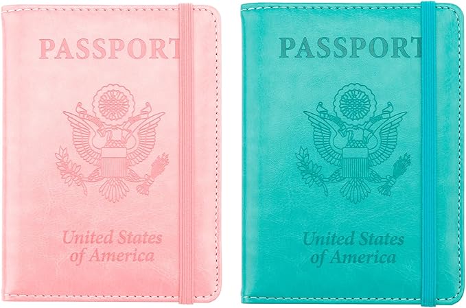 Passport Holder for Travel, 2 Pack Passport Cover, Waterproof Passport Wallet Leather Passport Holder Pen Holder Passport Holders for Women Men Family Travel Must Haves Essentials, Pink+Turquoise