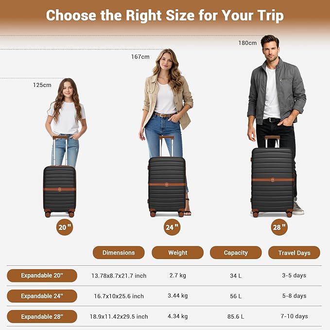 Kono Expandable 28 Inch Luggage with Spinner Wheels, Large Checked Luggage with Lock, Lightweight & Anti-Scratch PC+ABS Hardshell Travel Suitcase, Black/Brown