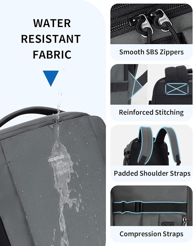 ECOHUB 40L Carry-On Travel Backpack, TSA-Friendly, Anti-Theft Water-Resistant Lightweight with 17.3″ Laptop Compartment, Durable PFAS-Free Rucksack, Grey