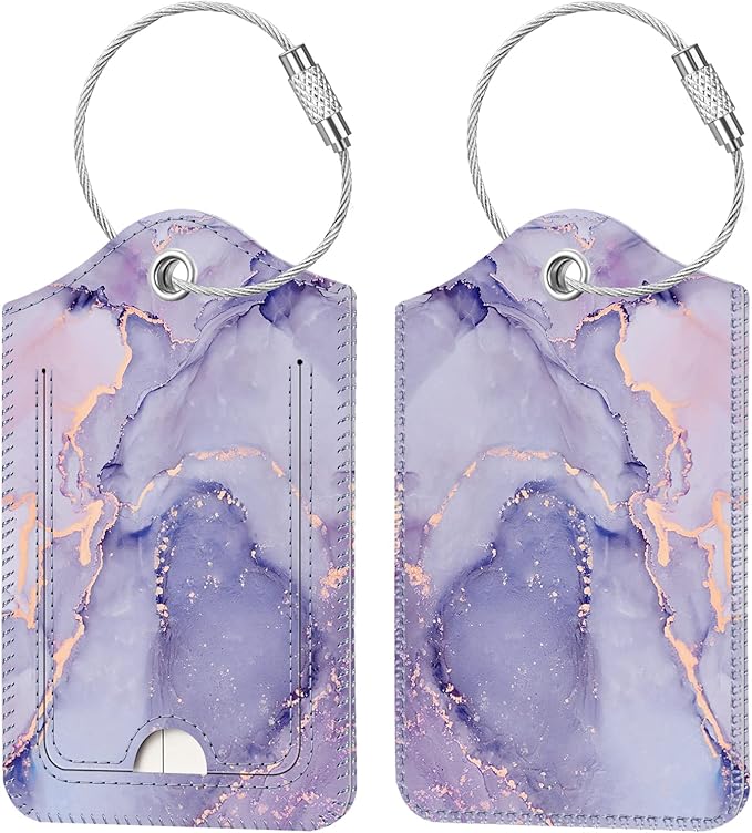 Fintie Luggage Tags, Privacy Cover ID Label with Stainless Steel Loop and Address Card for Travel Bag Suitcase - Lilac Marble (2 Piece)
