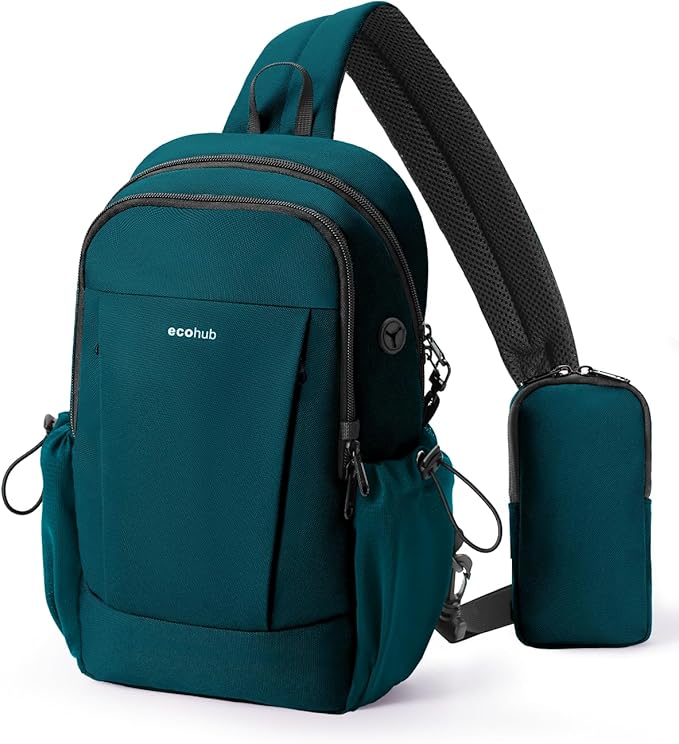 ECOHUB Anti-Theft Crossbody Bag Men Women, RFID Blocking Lightweight Sling Backpack Eco-Friendly with 9 Pockets Sturdy SBS Zippers Water Resistant for Travel Work Hiking Outdoor, Turquoise