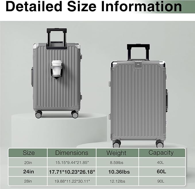 Krute Zipperless Luggage with Spinner Wheels Checked Aluminum Frame Luggage PC Hard Shell Suitcase with Charger and Cup Holder TSA Lock No Zipper 24 Inch Suitcases Gray