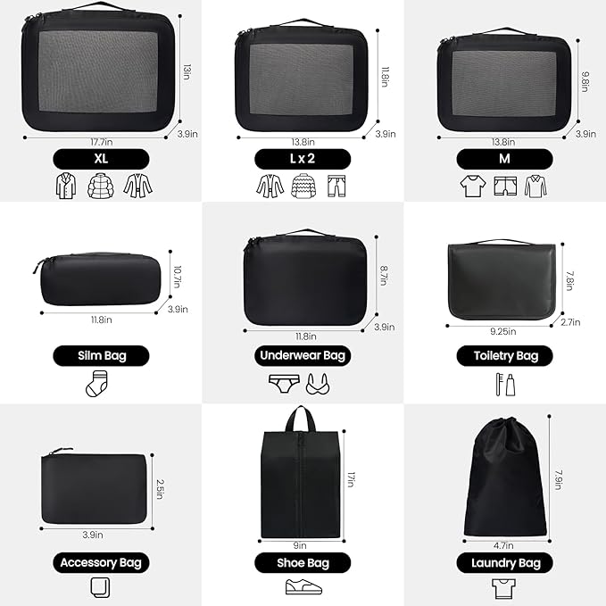 Mesh Packing Cubes for Travel, Durable Luggage Organizer with Sturdy Material and Double Zippers, Comprehensive Set for Travel Accessories Storage, 10 set, black