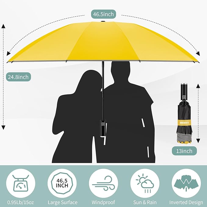 Seniny Inverted Travel Umbrella, Automatic Umbrellas for Rain, Windproof Compact Umbrella with Reflective Stripe, Folding UV Umbrella Sun Umbrella, Portable Large Umbrella for Backpack, Lightweight
