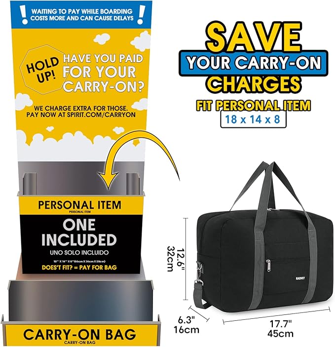 For Spirit Airlines Personal Item Bag 18x14x8 Foldable Travel Duffel Bag Tote Carry on Luggage Duffle Overnight for Women and Men