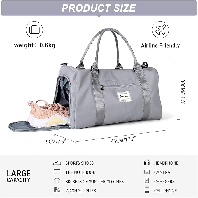 Weekender Gym Duffel Bags for Women Grey with Toiletry Bag