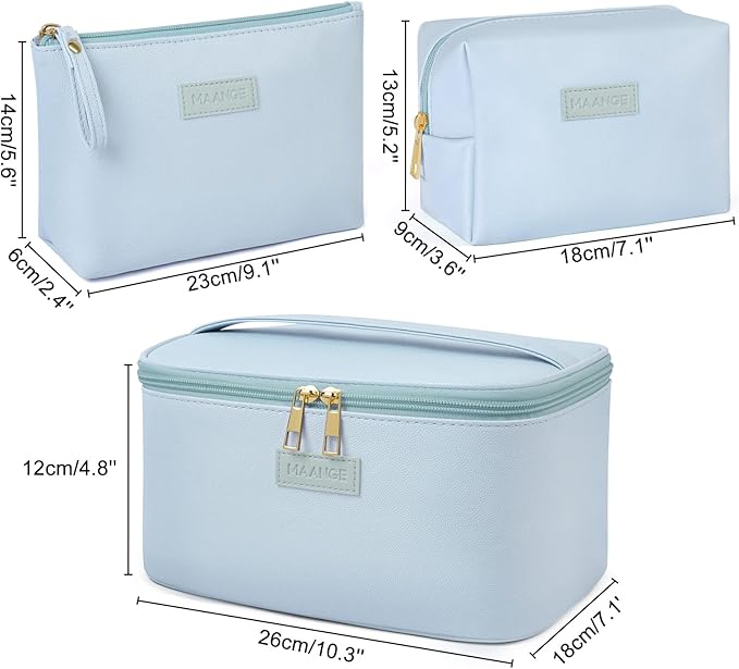 MAANGE Makeup Bag Large Cosmetic Bag with 2pcs Small Makeup Bags Portable Leather Travel Makeup Bag Set Toiletry Bag Make Up Bags for Women and Girls (Blue)