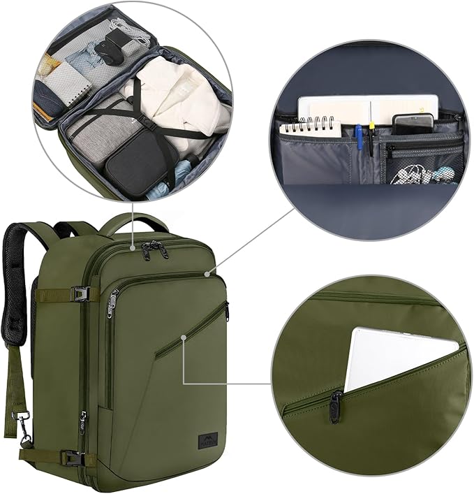 MATEIN Expandable Air Travel Backpack, Light Weight Carry on Backpack with Trolley Sleeve, Water Resistant Daypack for Hiking, Gifts for Men who Like to Travel, Dark Green