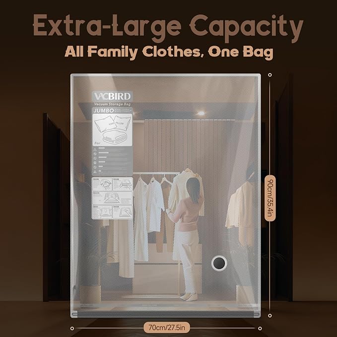 15 Jumbo Size Vacuum Bags for Clothes Storage,Space Saver for Luggage Packing and Moving,Vacuum Sealed Bags for Clothing, Bedding, Blankets and Comforters