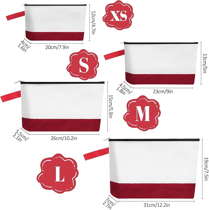 10 Pieces Cotton Canvas Makeup Bag with Bottom and Strap, Multi-Purpose Cosmetic Bag with Zipper Travel Toiletry Pouch, Blank DIY Craft Bag (White&Red, XS)